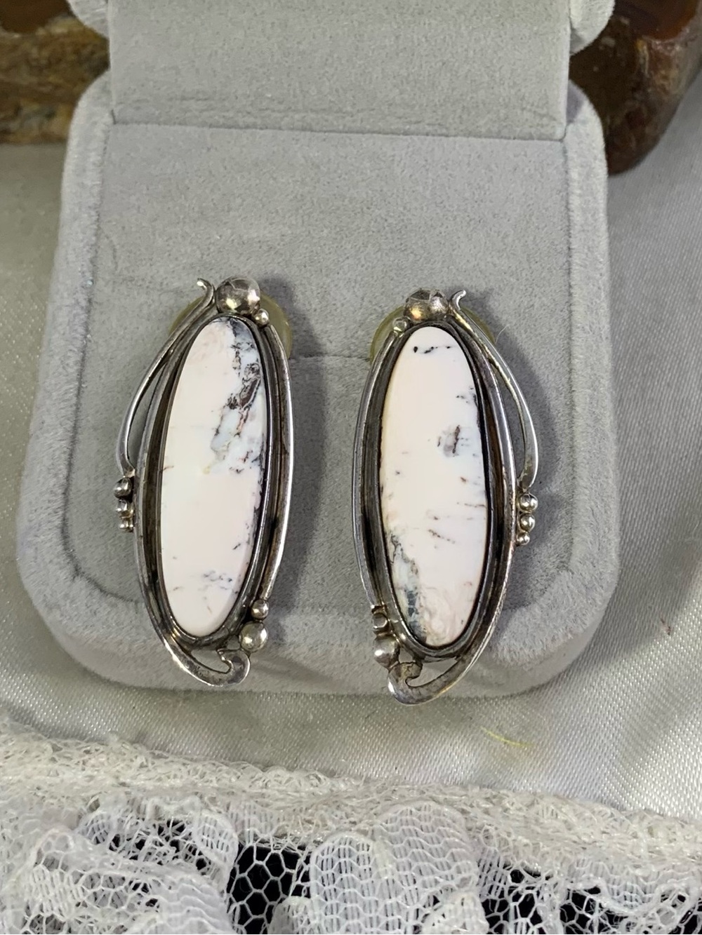 Sterling Silver White Buffalo Gemstone Navajo Earrings Vintage